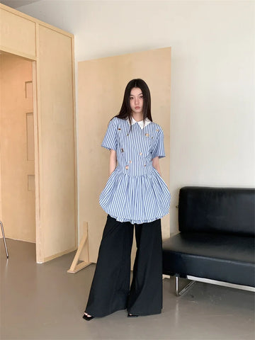 DAIIIBABYYY  -  Preppy Blue And White Striped Short Sleeve Dress Polo Collared Hollow Out Rings Mini Shirt Dress Women 2024 Summer